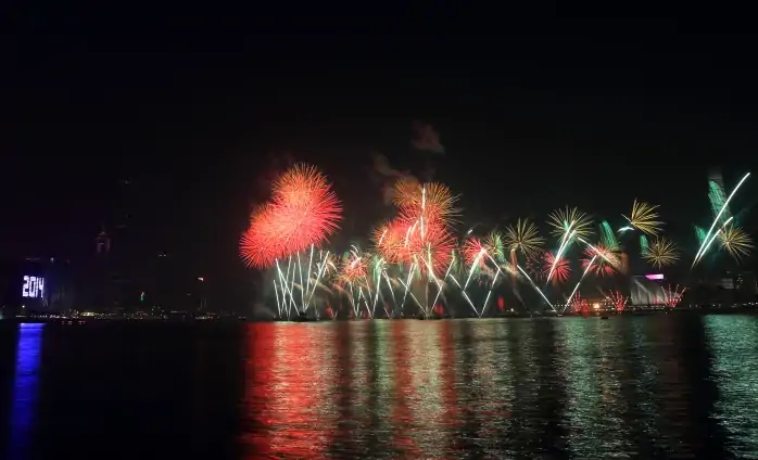 Geçtiğimiz yılda Shing Mun nehrinin üzerindeki gece yarısı havai fişek gösterisi.