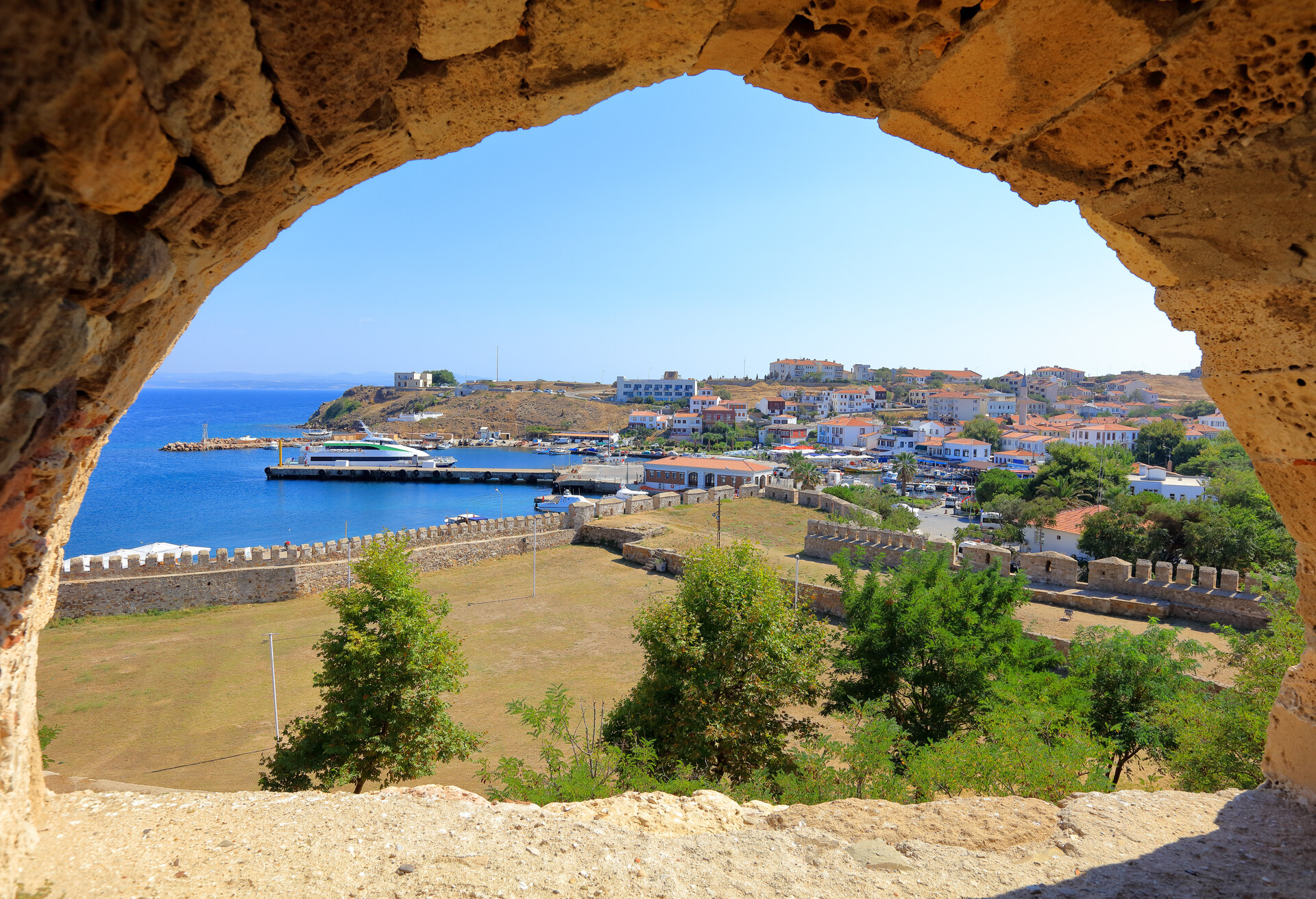 View village from window of Tenedos Castle, Bozcaada, Canakkale, Turkey.